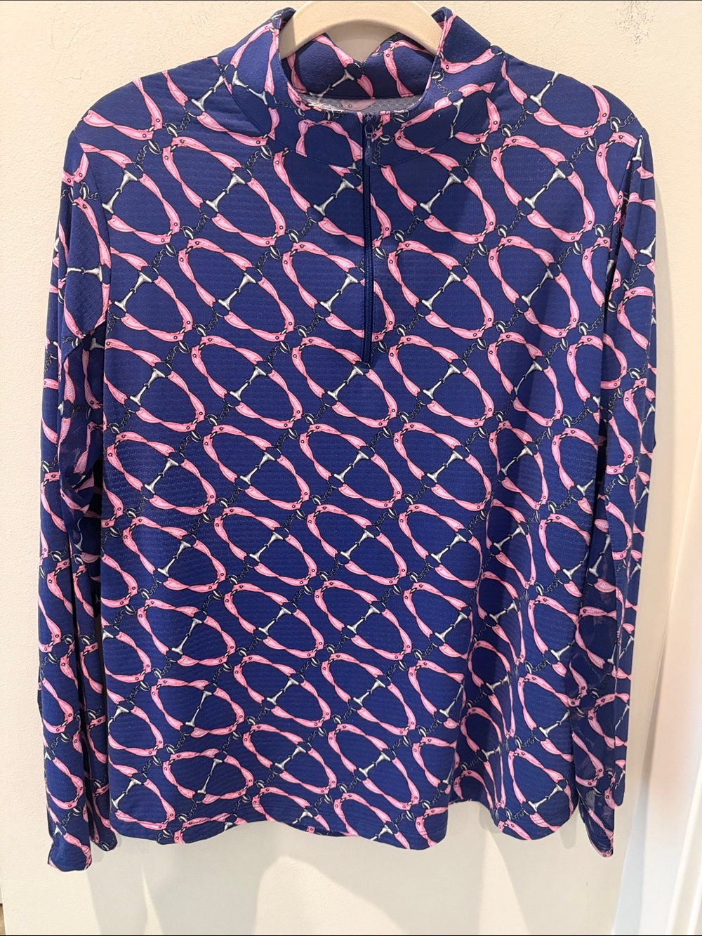 IBKUL Navy and Pink Horse-bit print Quarter-Zip Long Sleeve Top UPF size XL